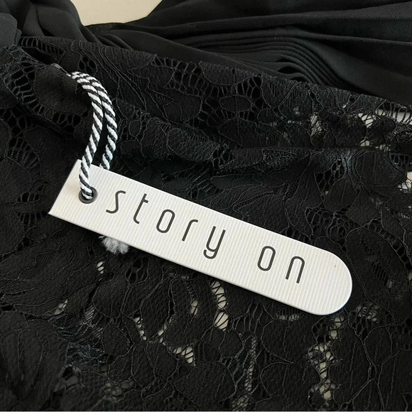 Story On Pleated Sleeve Lace Blouse Top Sheer Black See-Through - Picture 10 of 11